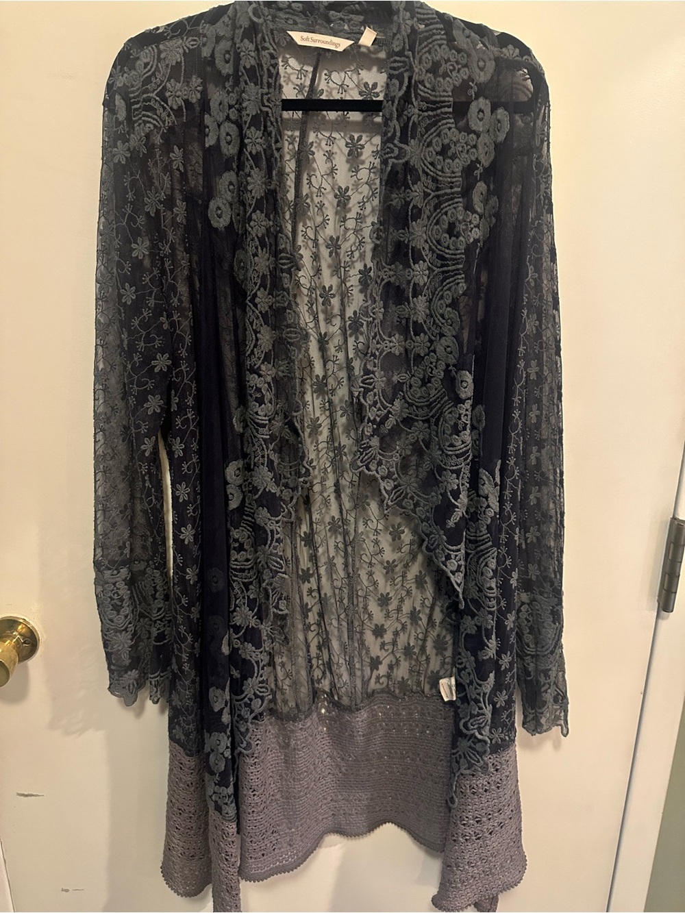 Soft Surroundings Charcoal Gray Lace Overlay Cardigan with Crochet Hem